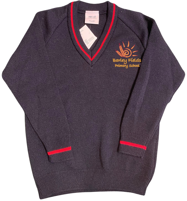 Barley Fields Navy and Red V-Neck Knitted Jumper with logo