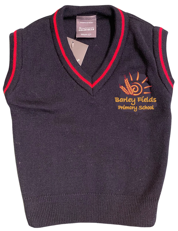 Barley Fields Navy and Red V-Neck Knitted Tank Top with logo